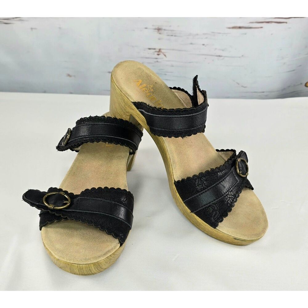 Comfort Boho Alegria Bobbi Womens Wedge Sandal Black Leather Velcro Buckle SZ 40